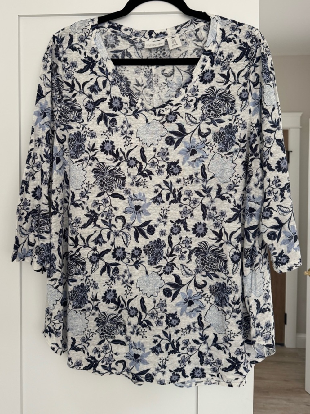 Rachel Zoe Linen Floral Top Blue & White Cottagecore Boho Blouse Size 1X